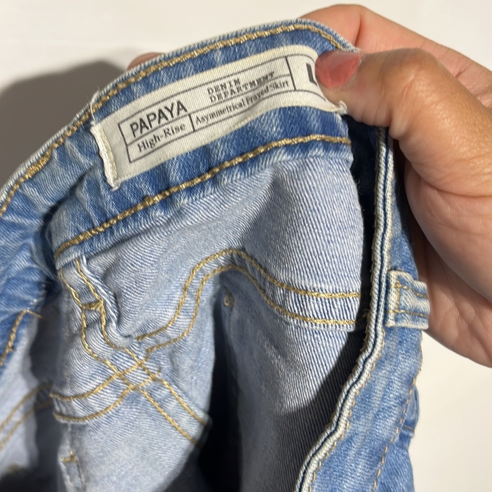 Papaya High-Rise Asymmetrical Frayed Medium Wash Denim Skirt Size Large - Picture 7 of 8